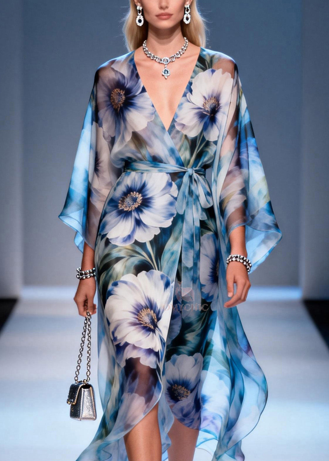 Floral Print Wrap Front Kimono Sleeve Tie Waist Maxi Dress