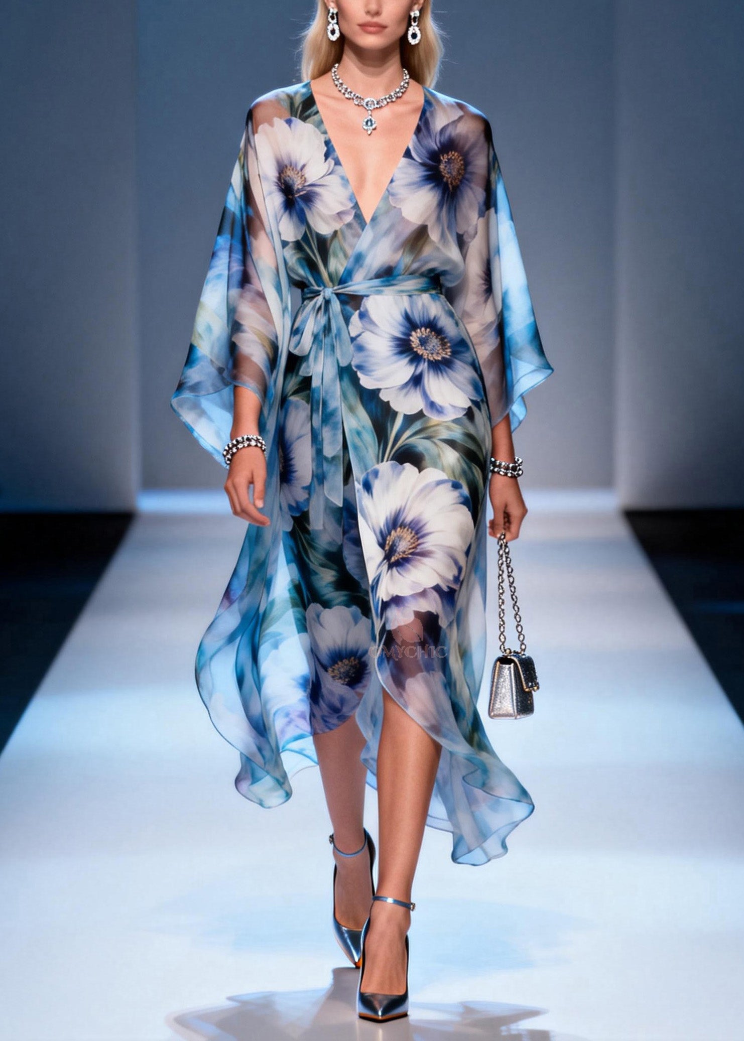 Floral Print Wrap Front Kimono Sleeve Tie Waist Maxi Dress