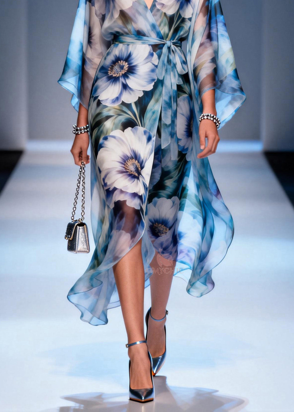 Floral Print Wrap Front Kimono Sleeve Tie Waist Maxi Dress