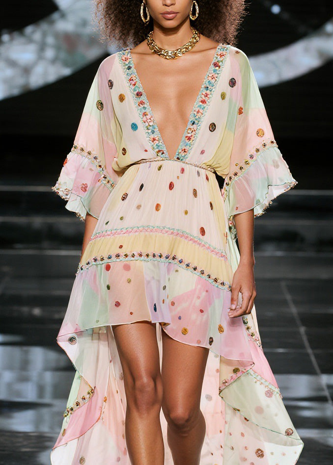 Chiffon Deep V-Neck Bell Sleeve Beaded Trim Tiered Ruffle High Low Maxi Dress