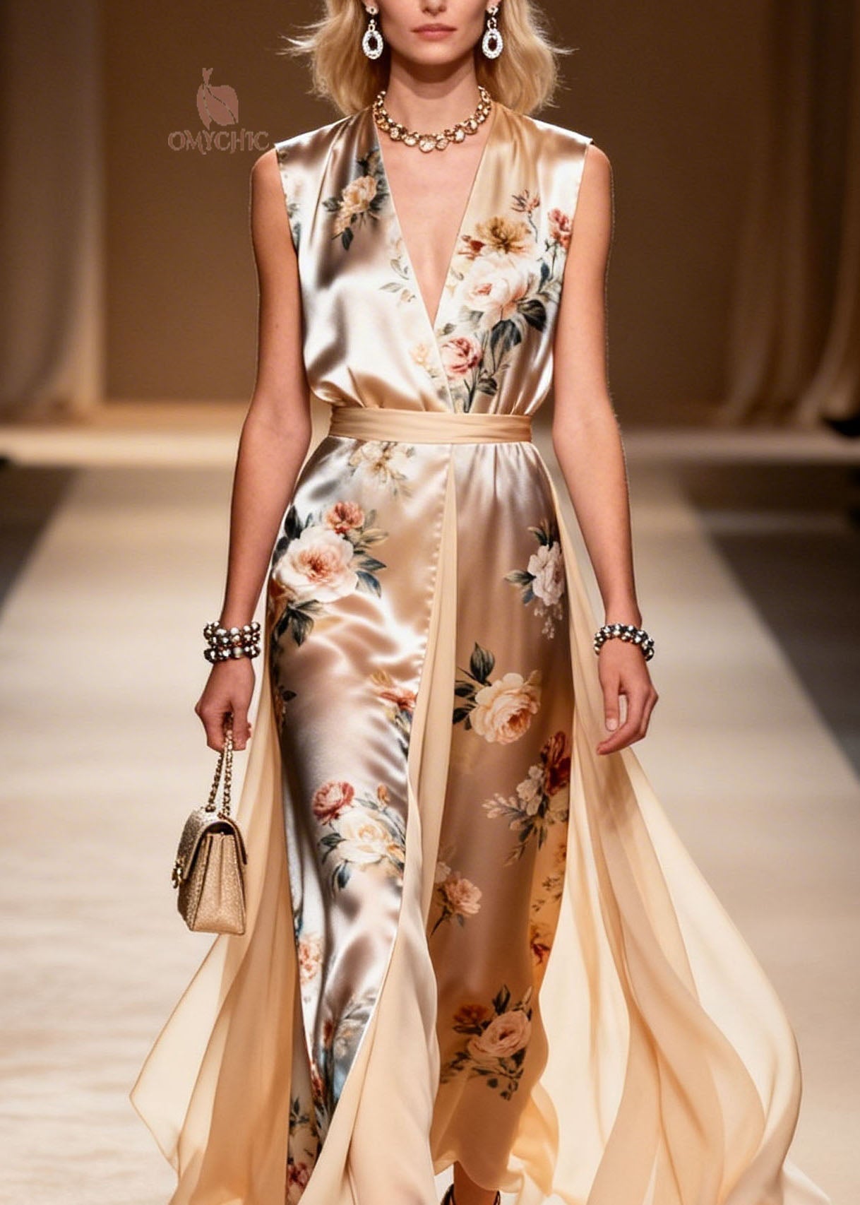 Floral Print Sleeveless V-Neck Belted Chiffon Panel Wrap High Split Maxi Gown