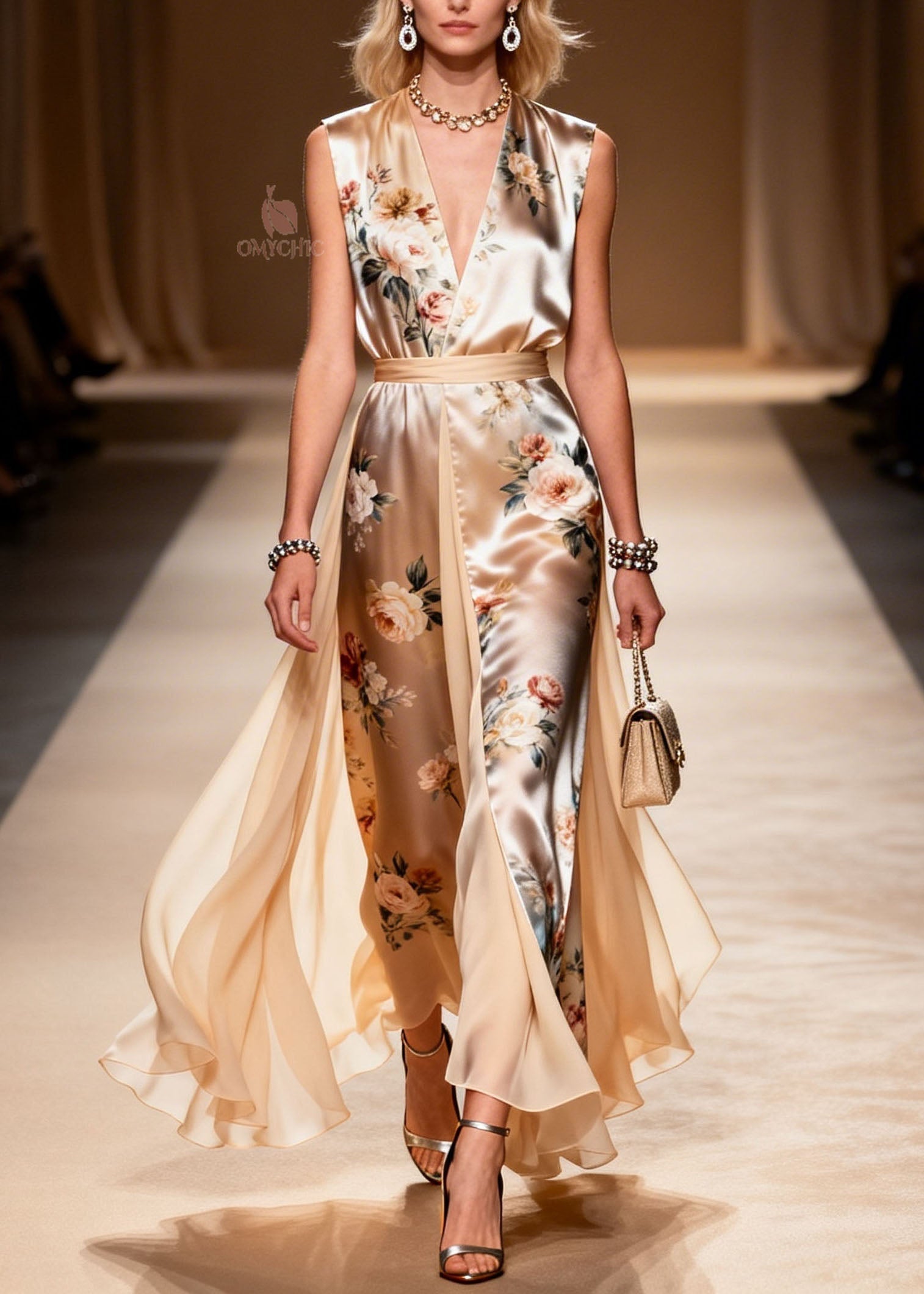 Floral Print Sleeveless V-Neck Belted Chiffon Panel Wrap High Split Maxi Gown