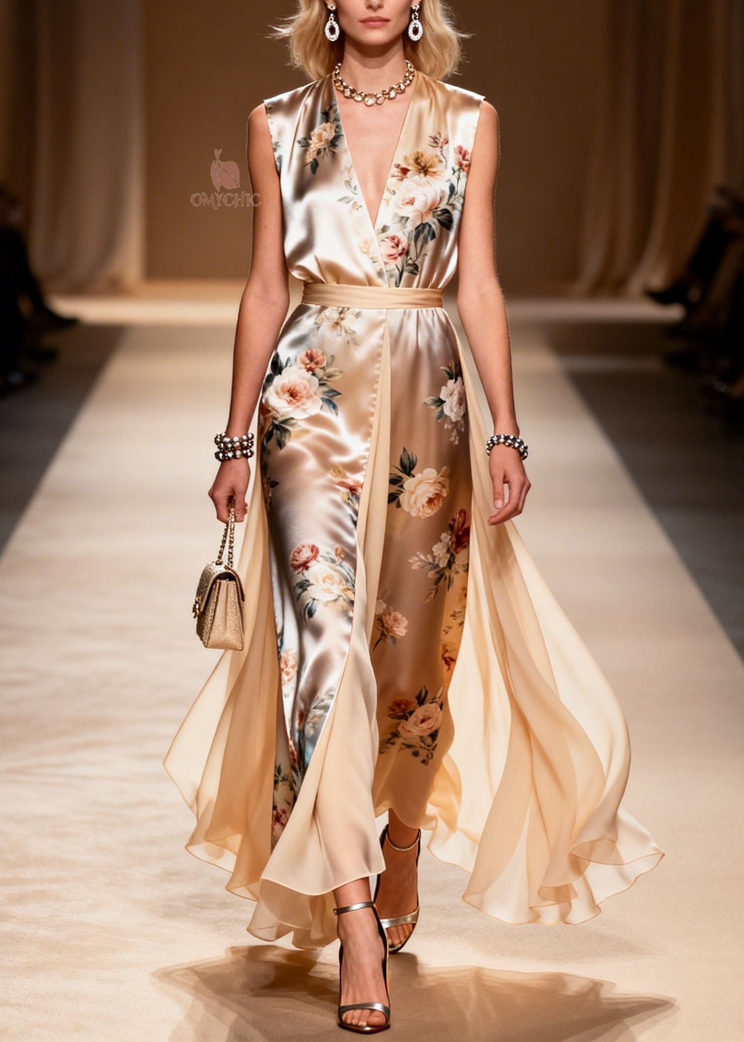 Floral Print Sleeveless V-Neck Belted Chiffon Panel Wrap High Split Maxi Gown