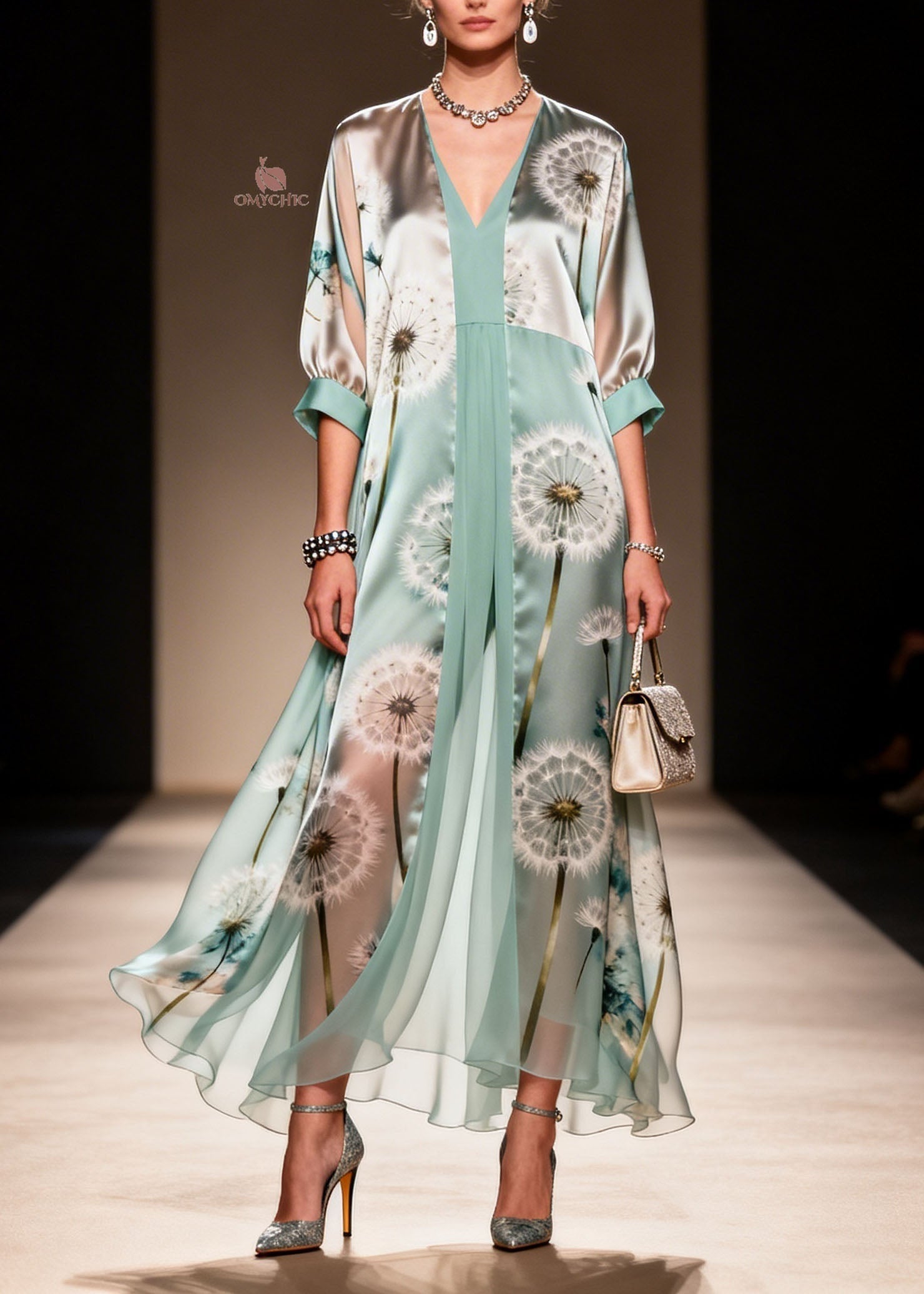 Dandelion Print Deep V-Neck Balloon Sleeve Pleated Inset Layered Chiffon Maxi Gown