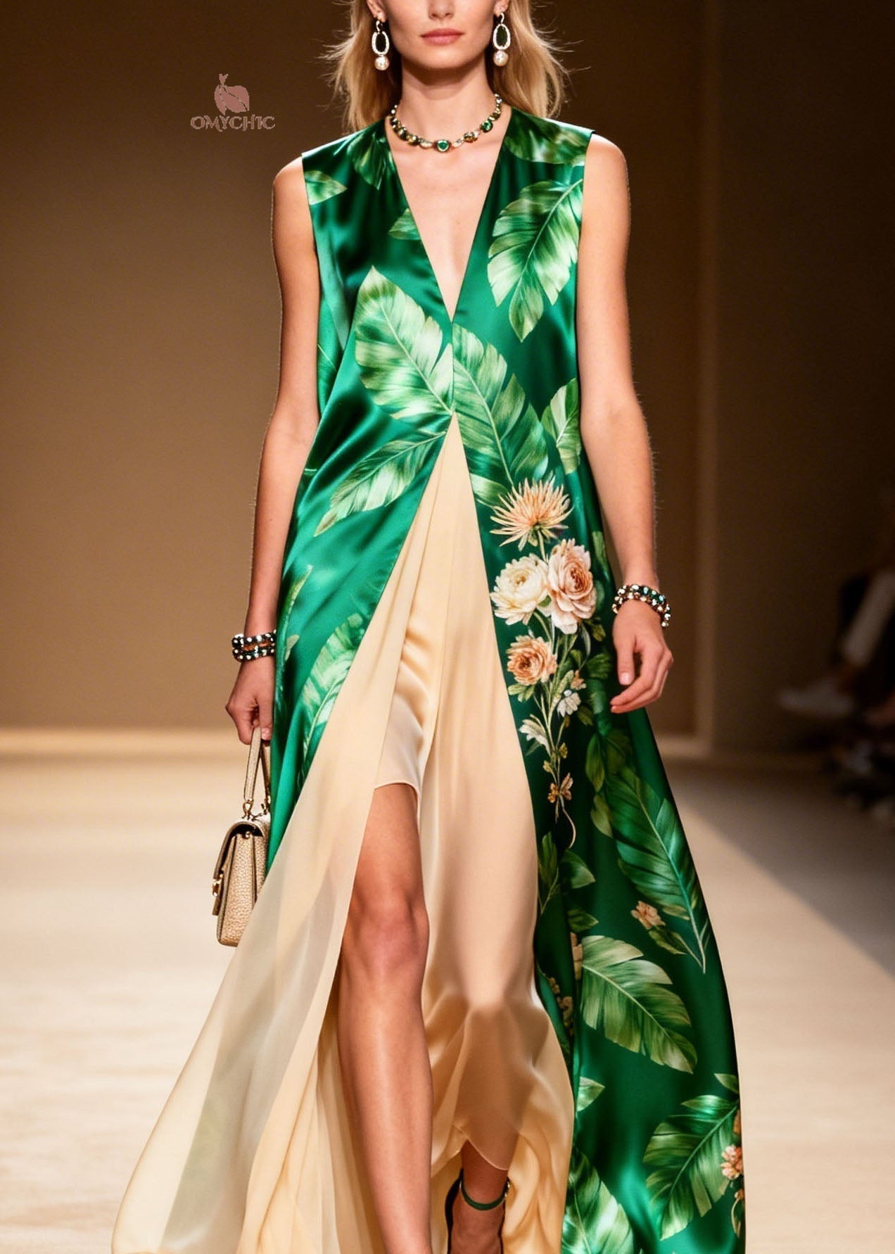 Satin Tropical Floral Deep V-Neck Sleeveless Faux Two-Piece Chiffon Panel Maxi Dress