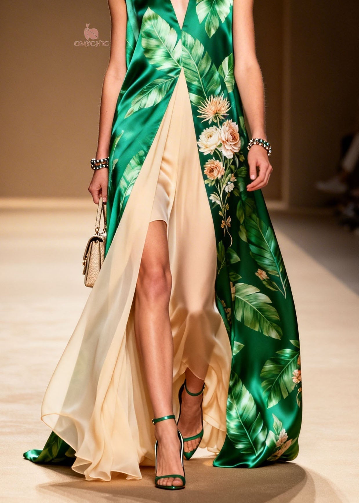 Satin Tropical Floral Deep V-Neck Sleeveless Faux Two-Piece Chiffon Panel Maxi Dress