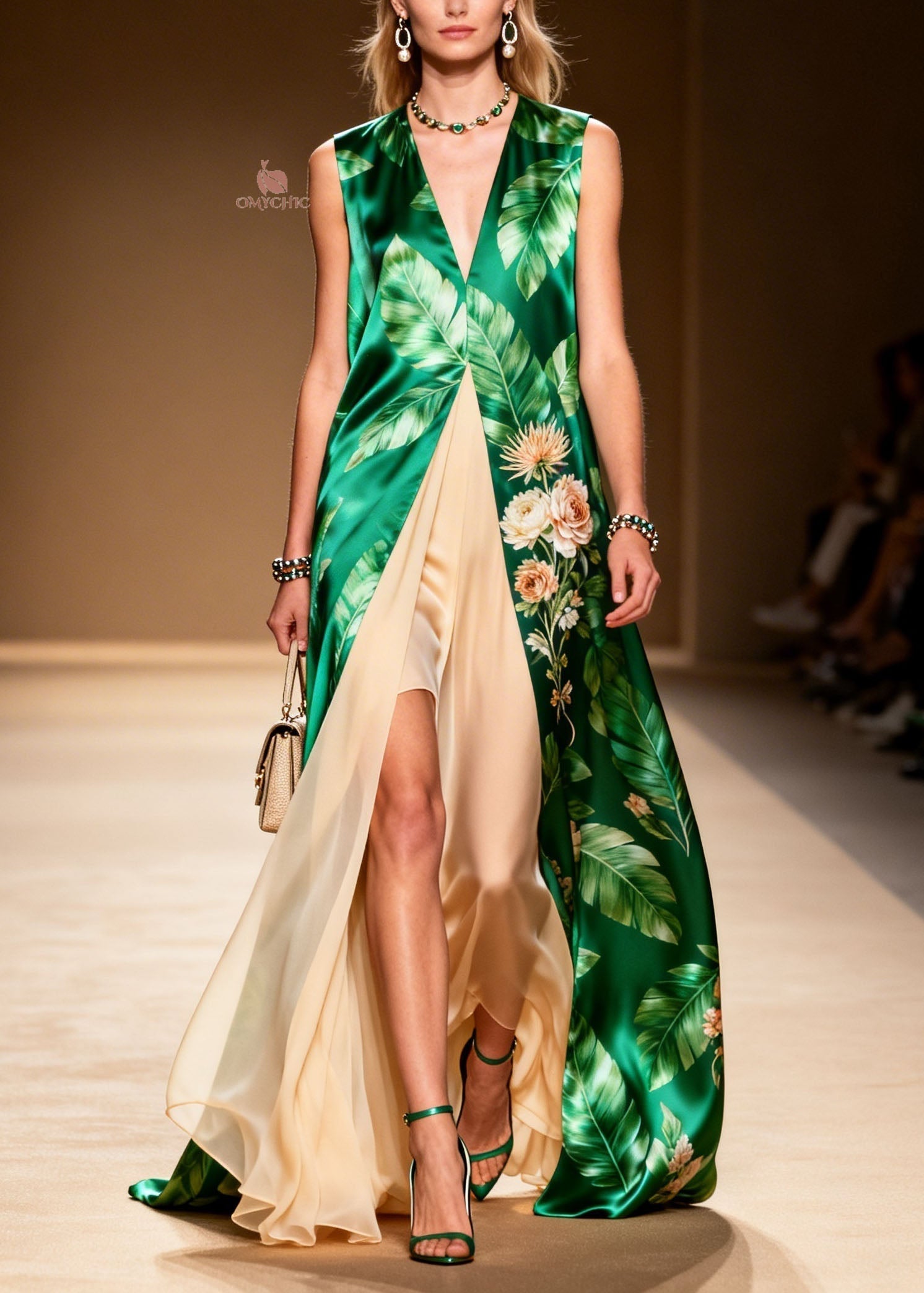 Satin Tropical Floral Deep V-Neck Sleeveless Faux Two-Piece Chiffon Panel Maxi Dress