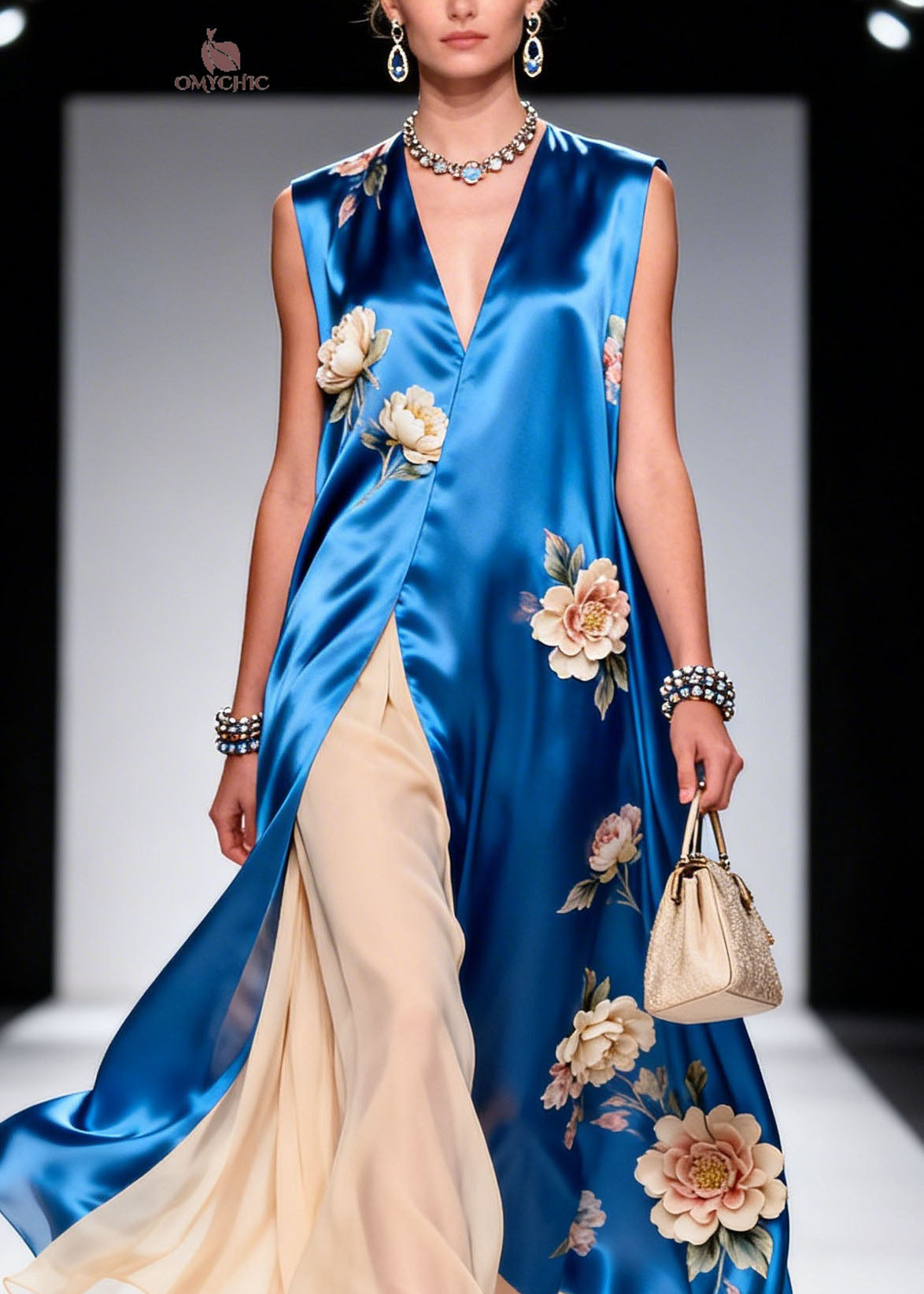 Plus Size Floral Print Satin V-Neck Sleeveless Center Slit Tiered Chiffon Maxi Dress