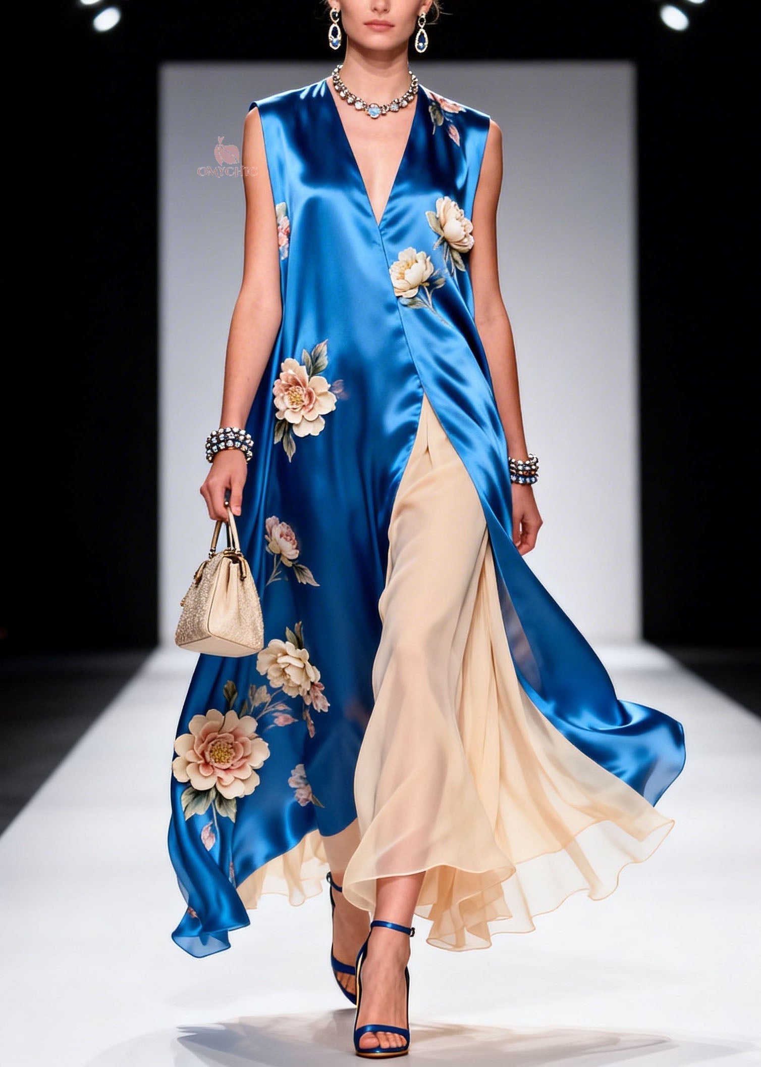 Plus Size Floral Print Satin V-Neck Sleeveless Center Slit Tiered Chiffon Maxi Dress