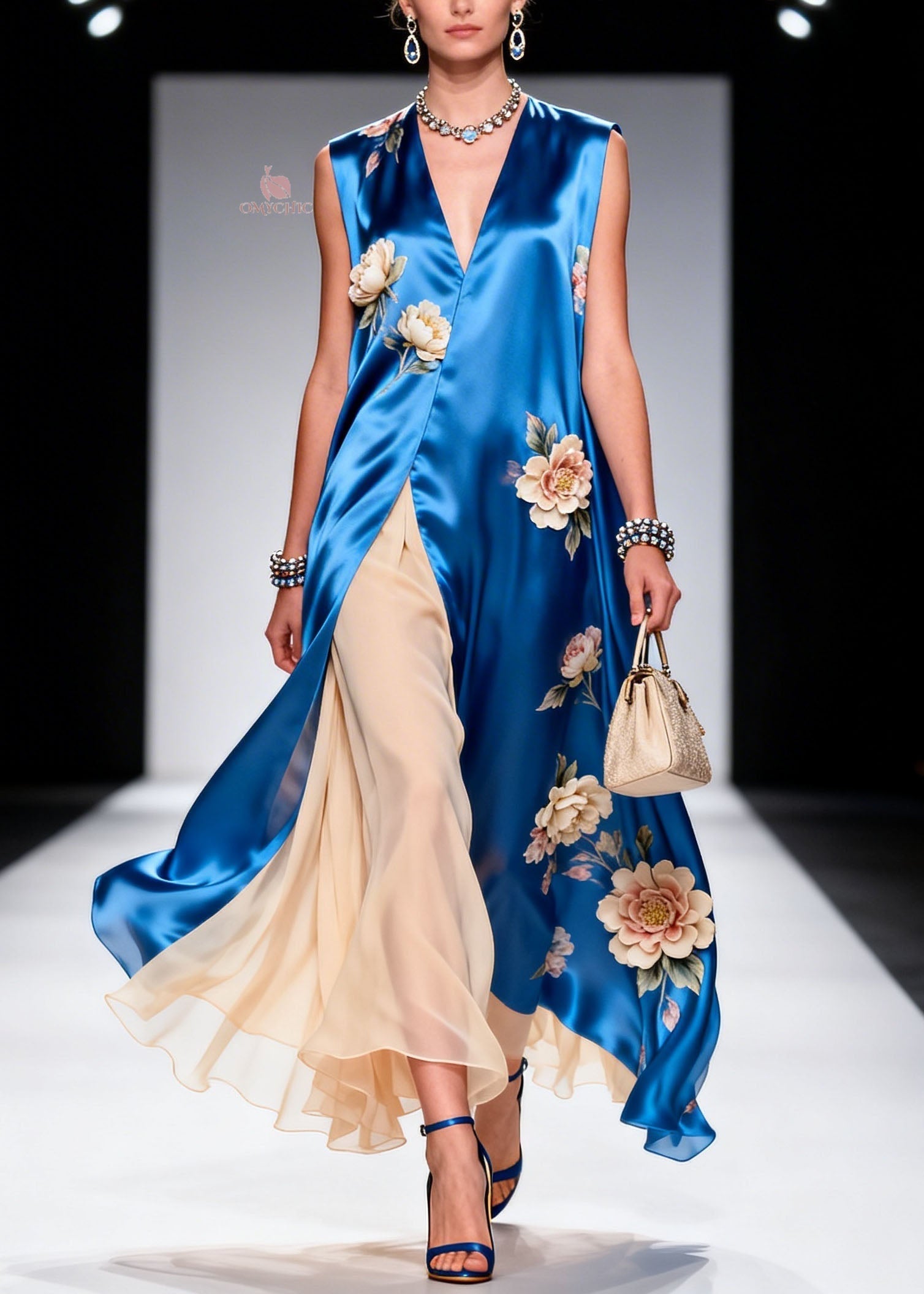 Plus Size Floral Print Satin V-Neck Sleeveless Center Slit Tiered Chiffon Maxi Dress