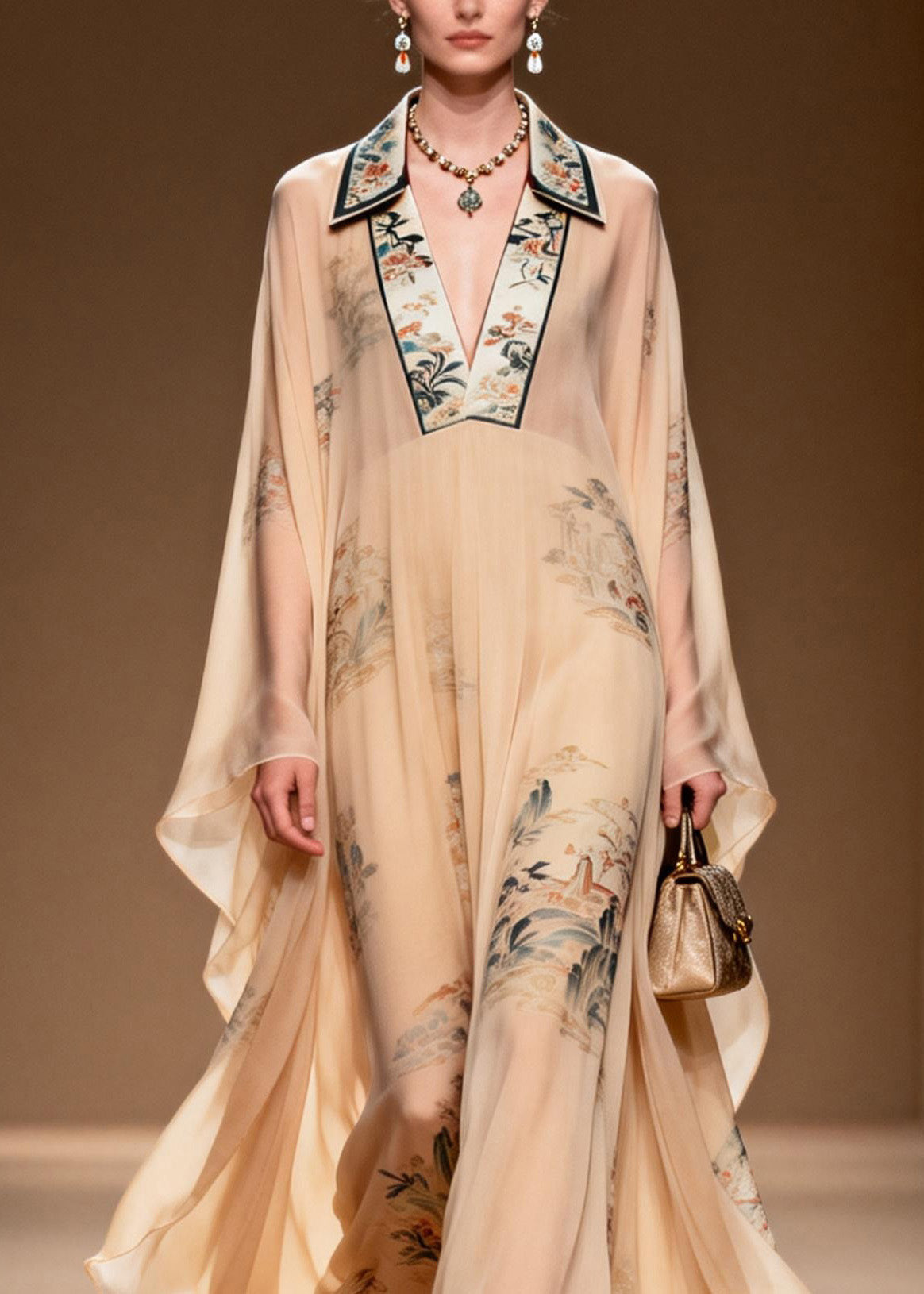 Landscape Print Mandarin Collar Deep V-Neck Cape Sleeve Kaftan Maxi Gown