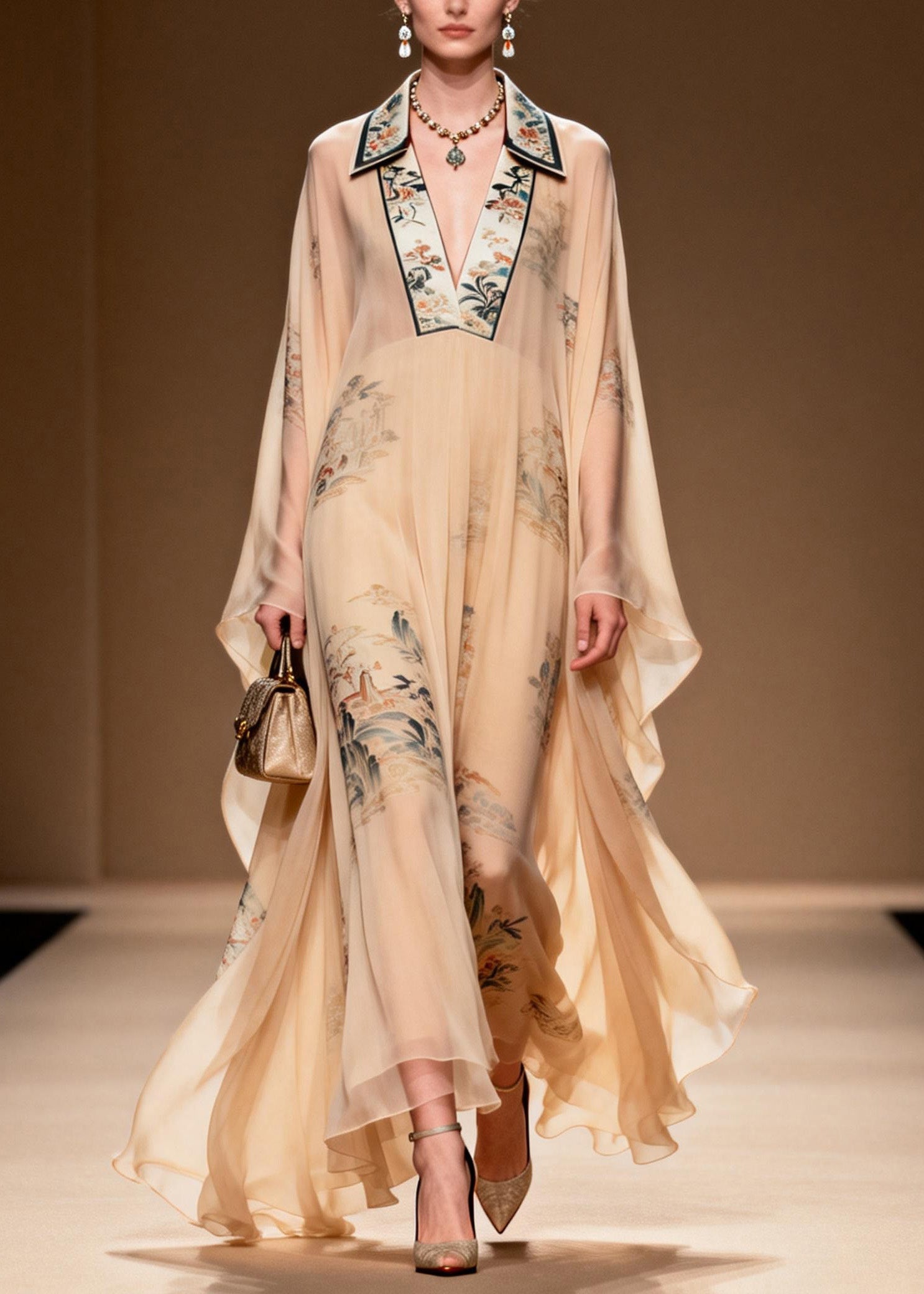 Landscape Print Mandarin Collar Deep V-Neck Cape Sleeve Kaftan Maxi Gown
