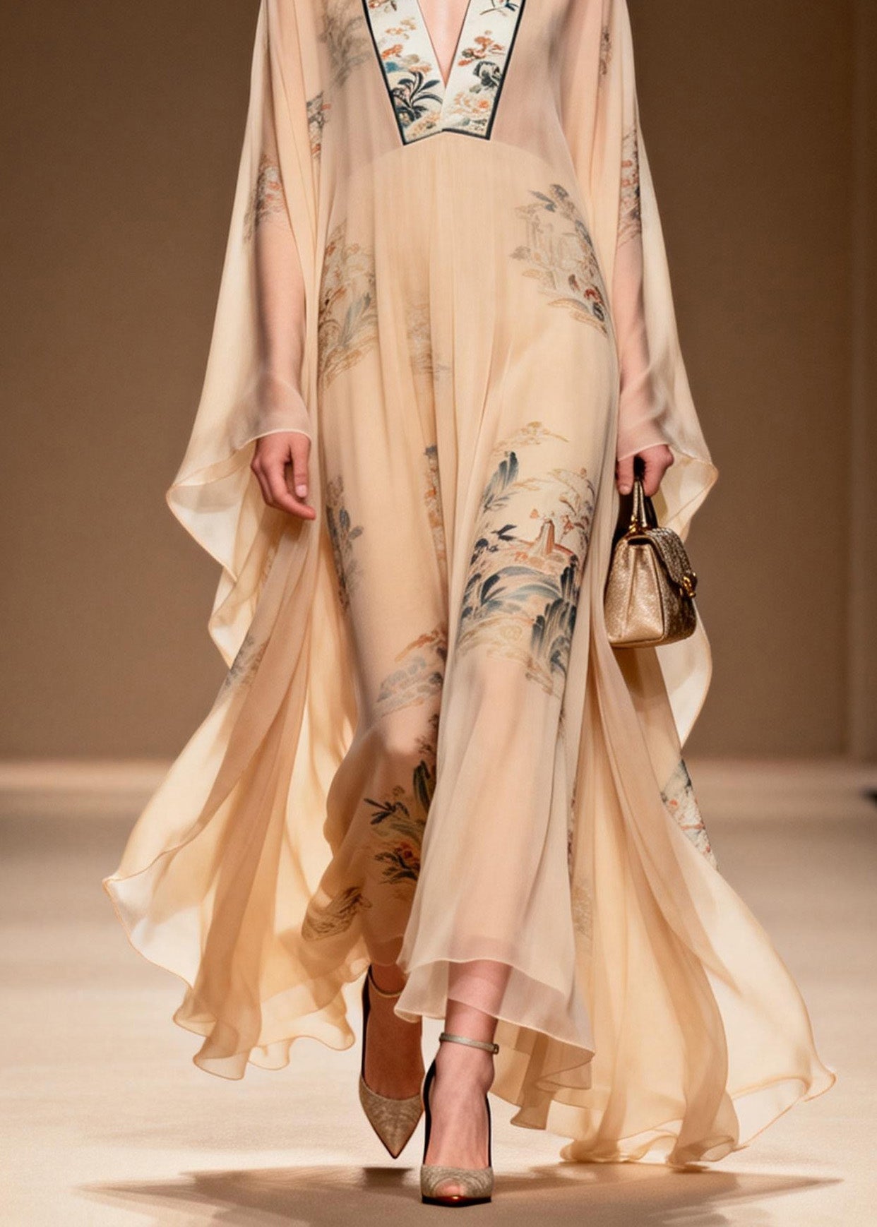 Landscape Print Mandarin Collar Deep V-Neck Cape Sleeve Kaftan Maxi Gown