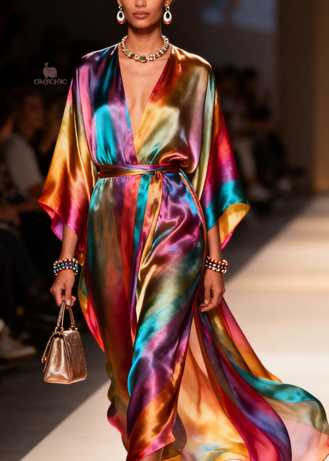 Deep V-Neck Satin Batwing Sleeve Belted High Split Wrap Dress