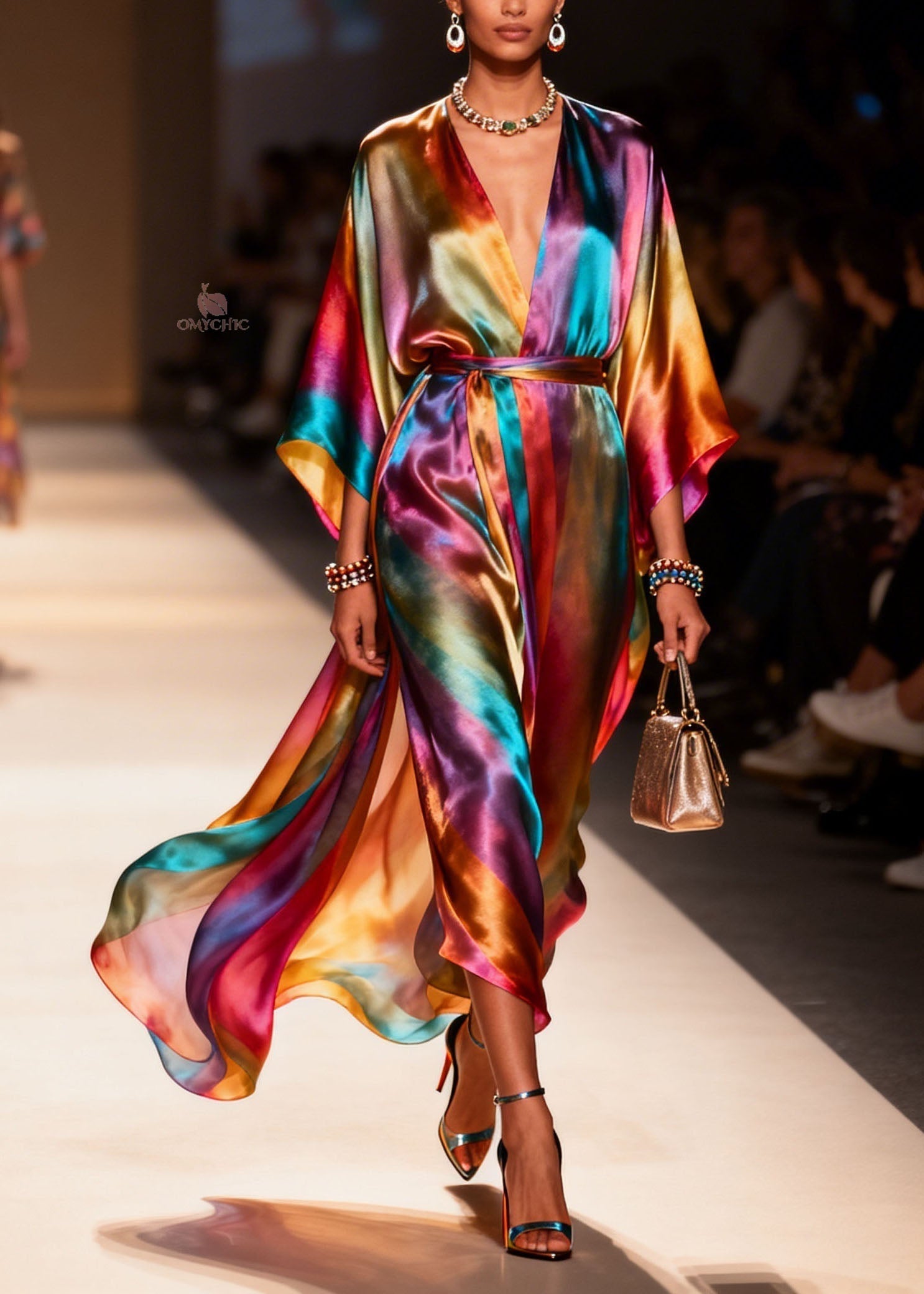 Deep V-Neck Satin Batwing Sleeve Belted High Split Wrap Dress