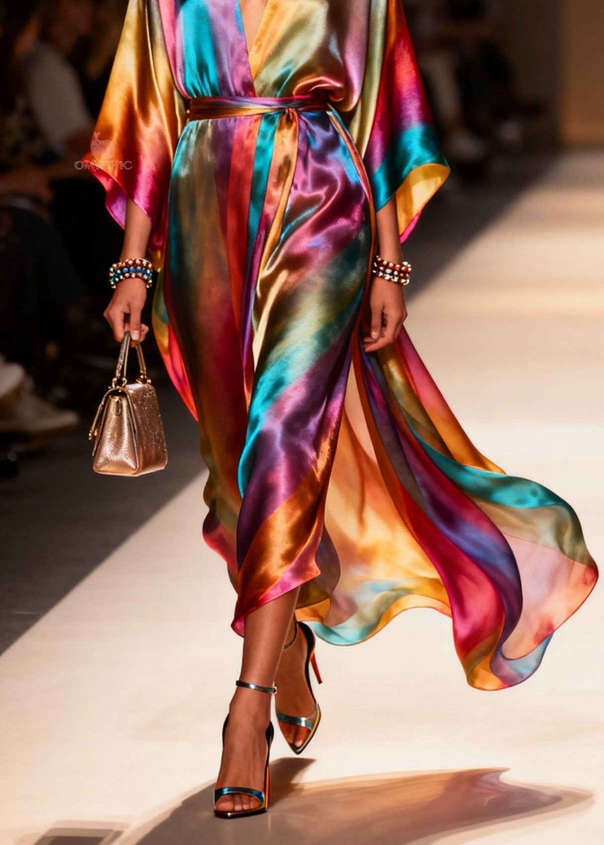 Deep V-Neck Satin Batwing Sleeve Belted High Split Wrap Dress