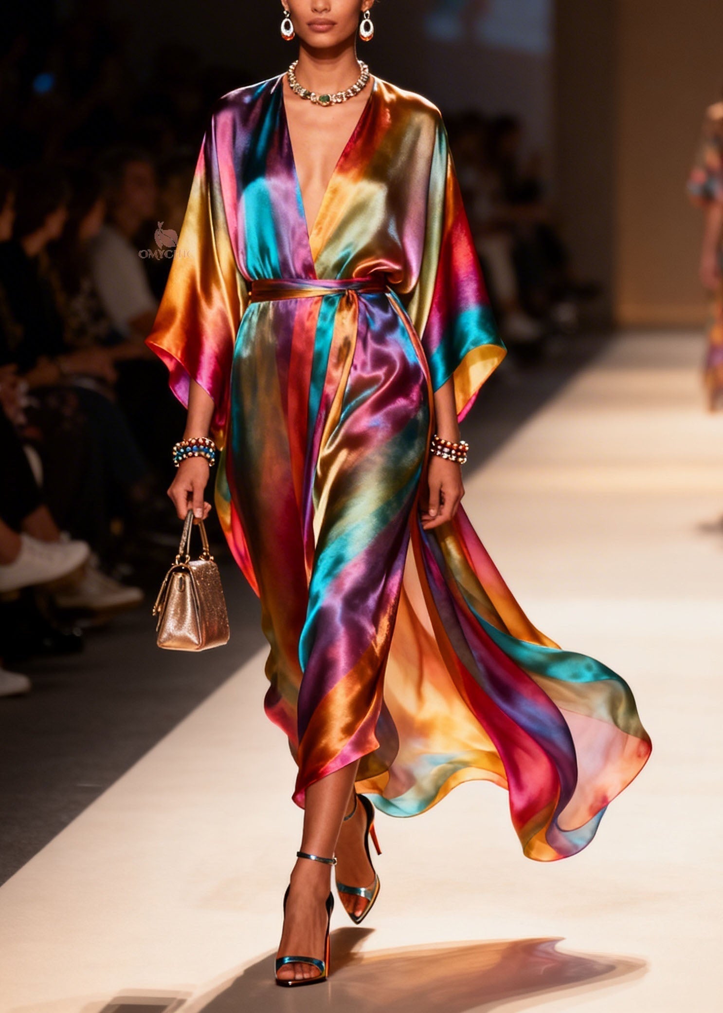 Deep V-Neck Satin Batwing Sleeve Belted High Split Wrap Dress