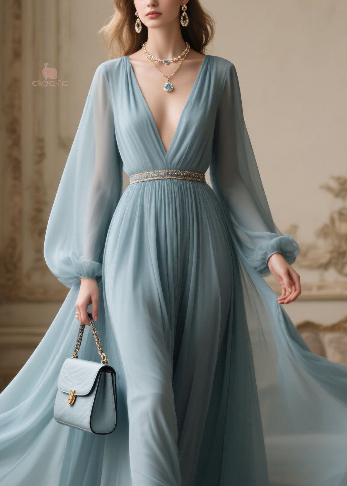 Chiffon Bishop Sleeve Deep V-Neck Rhinestone Belt Pleated Maxi Gown