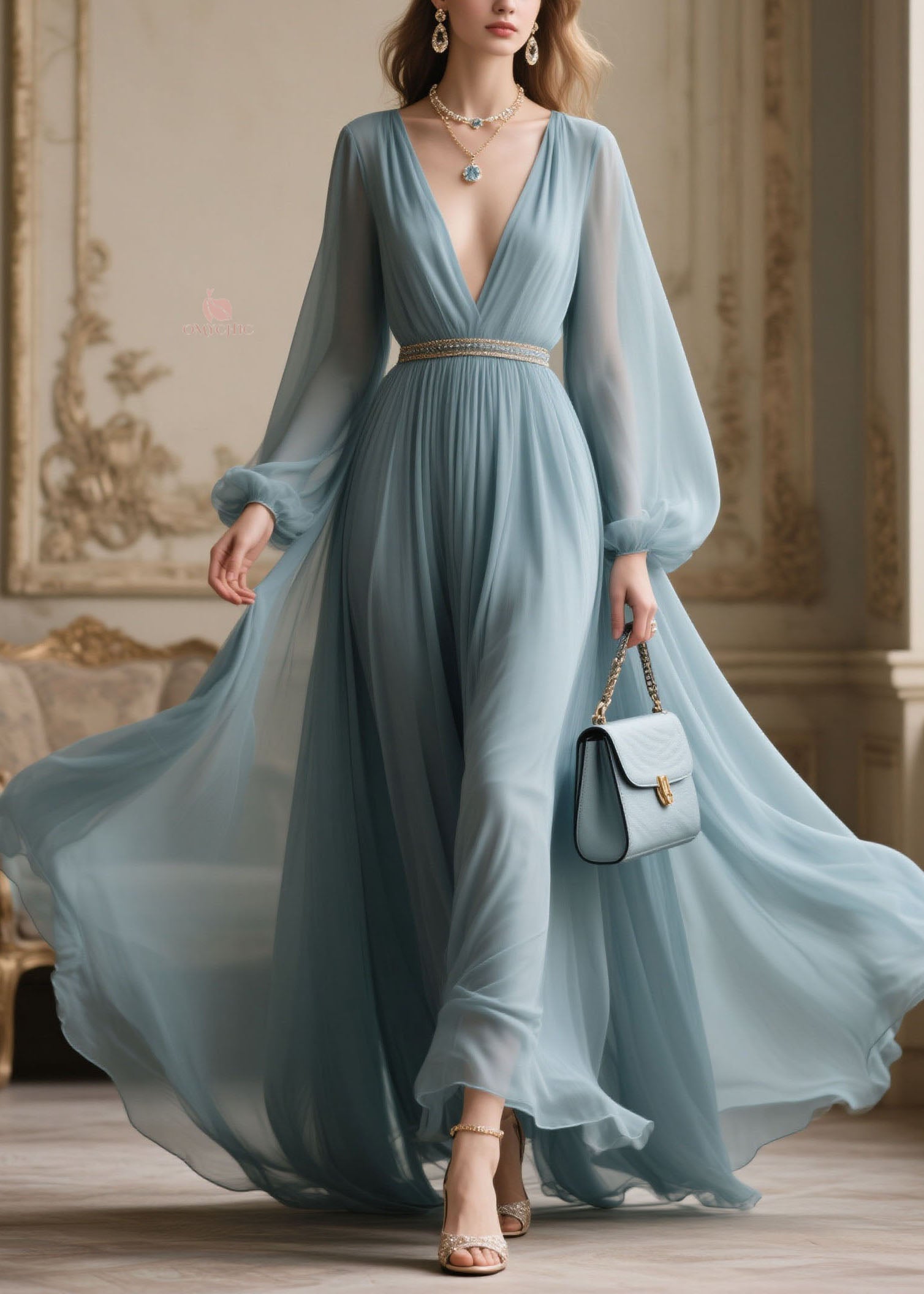 Chiffon Bishop Sleeve Deep V-Neck Rhinestone Belt Pleated Maxi Gown