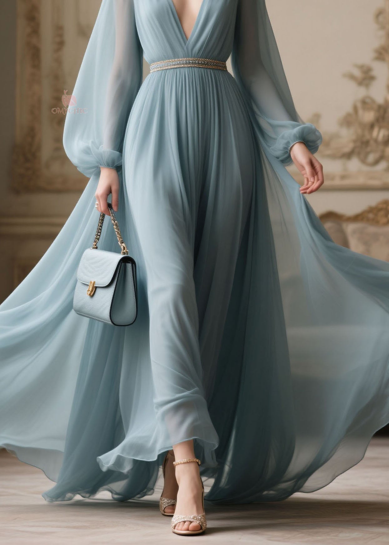 Chiffon Bishop Sleeve Deep V-Neck Rhinestone Belt Pleated Maxi Gown