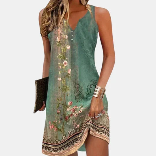 Floral Border Print V-Neck Sleeveless A-Line Dress