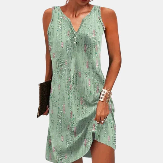 Floral Border Print V-Neck Sleeveless A-Line Dress