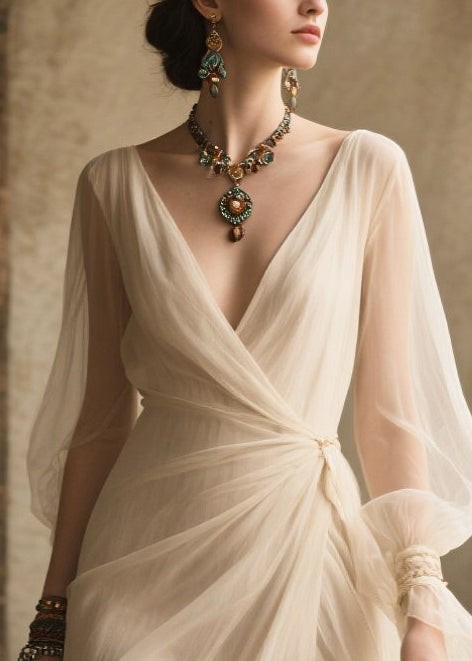 Chiffon Wrap V-Neck Bishop Puff Sleeve Draped Waist High Split Tiered Maxi Gown