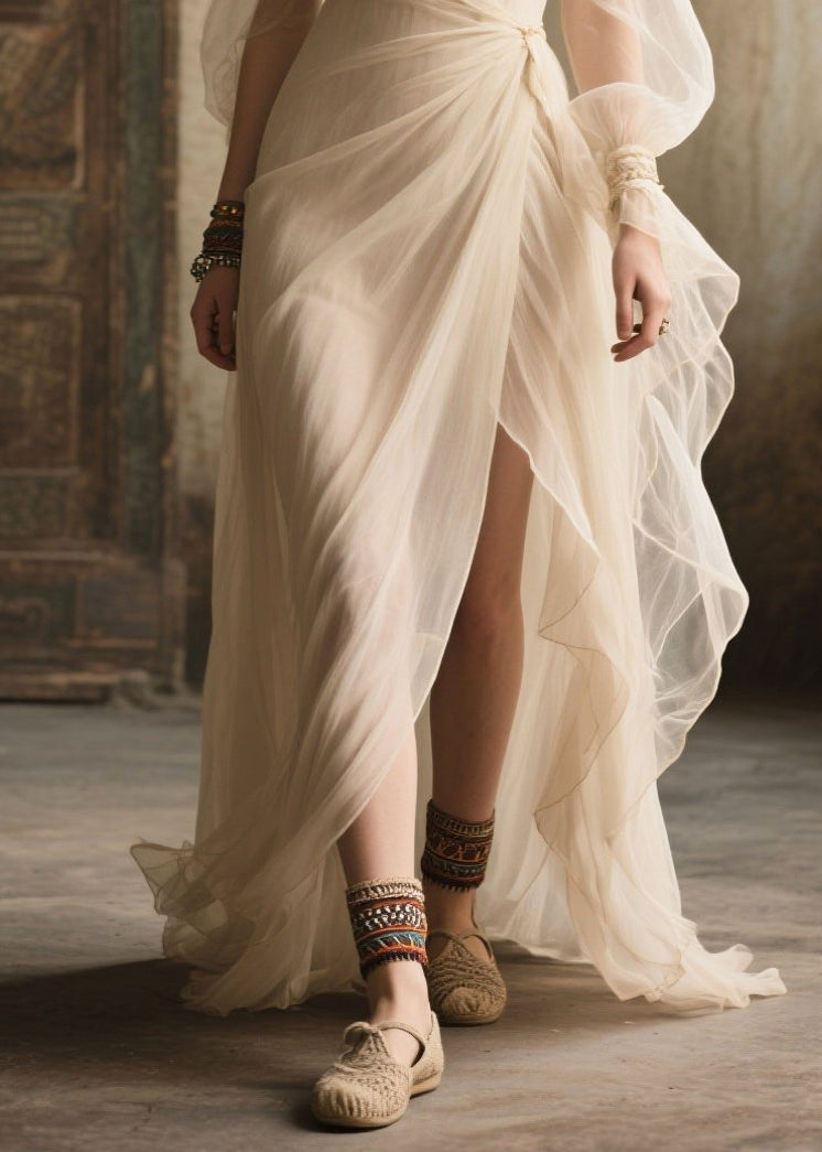 Chiffon Wrap V-Neck Bishop Puff Sleeve Draped Waist High Split Tiered Maxi Gown