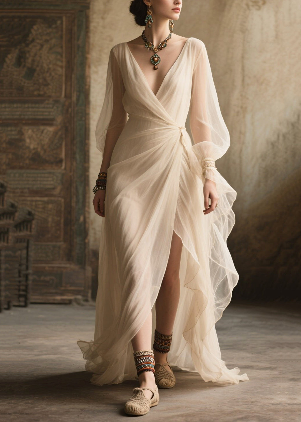 Chiffon Wrap V-Neck Bishop Puff Sleeve Draped Waist High Split Tiered Maxi Gown