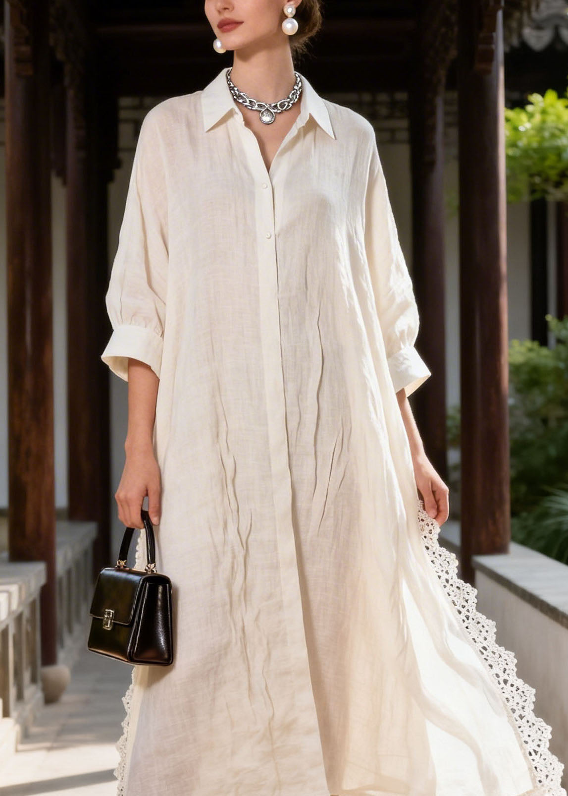 Woven Peter Pan Collar Button Front Lace Trim Three-Quarter Sleeve Shirt Maxi Dress