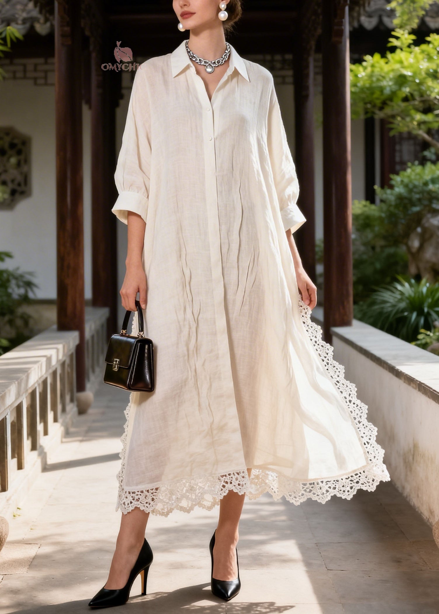 Woven Peter Pan Collar Button Front Lace Trim Three-Quarter Sleeve Shirt Maxi Dress
