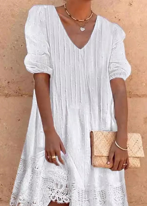 Swiss Dot Pintuck Pleat V-Neck Puff Sleeve Crochet Lace Hem Midi Dress