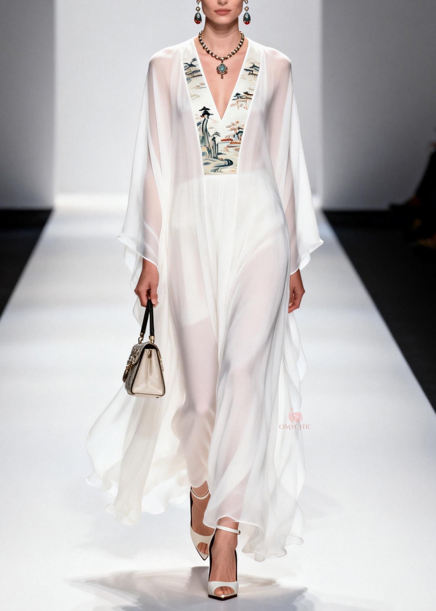 Oriental Landscape Panel Deep V-Neck Angel Sleeve Sheer Chiffon Kaftan Maxi Dress