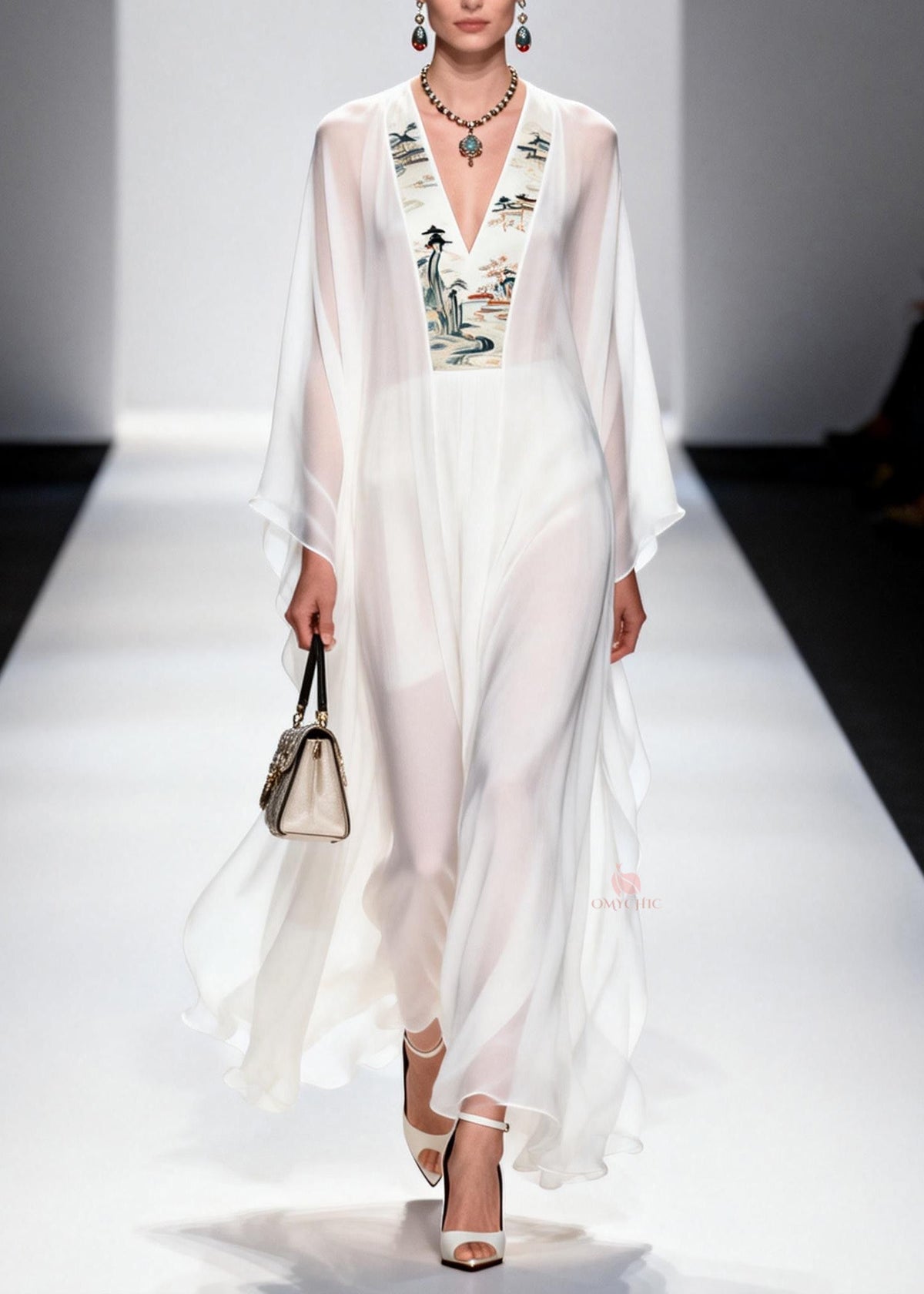 Oriental Landscape Panel Deep V-Neck Angel Sleeve Maxi Dress