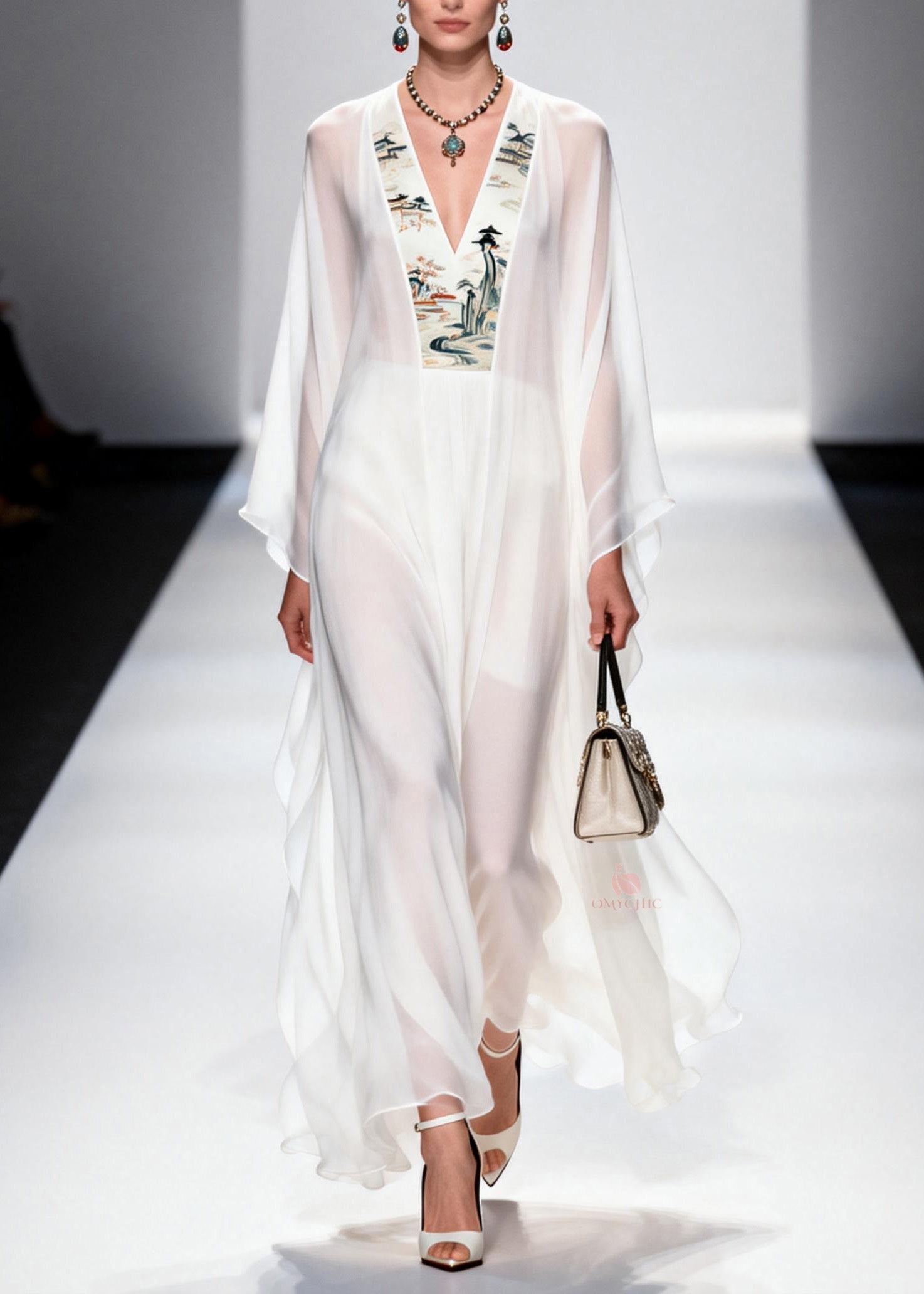 Oriental Landscape Panel Deep V-Neck Angel Sleeve Sheer Chiffon Kaftan Maxi Dress