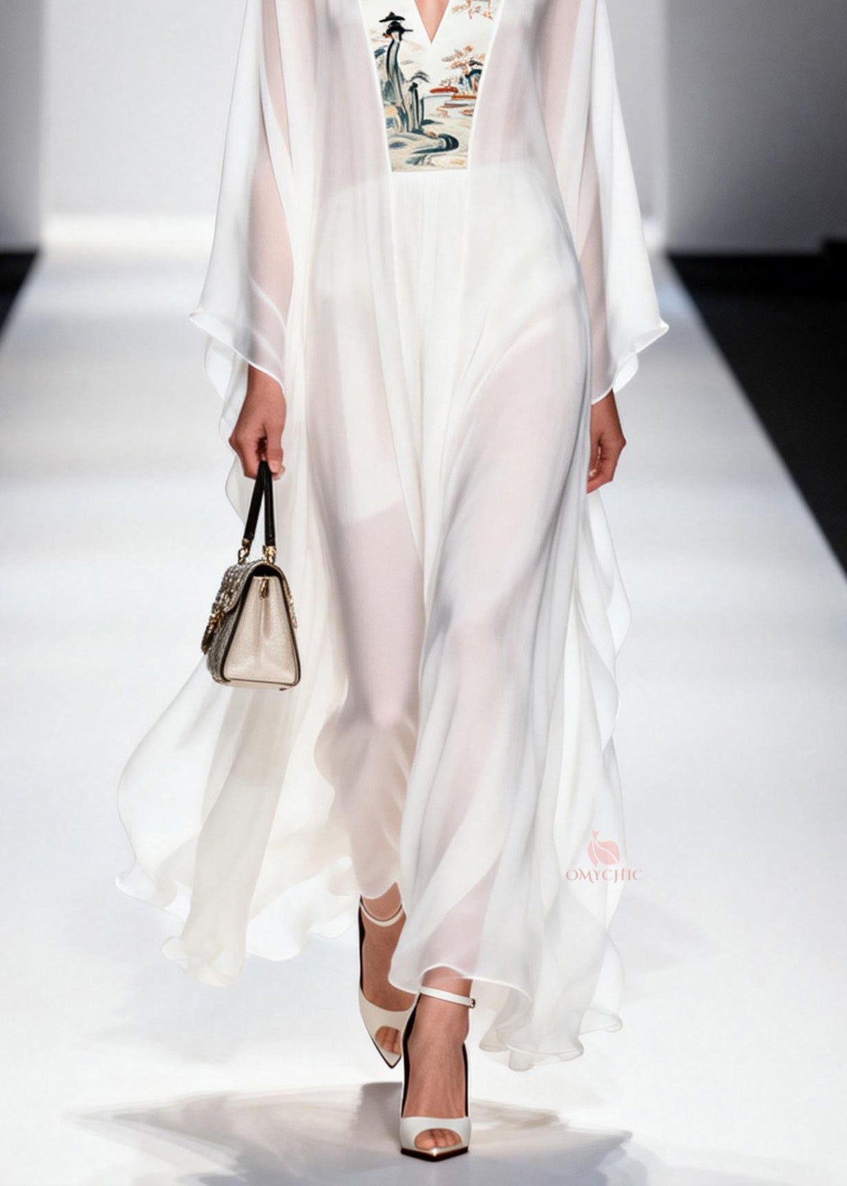 Oriental Landscape Panel Deep V-Neck Angel Sleeve Sheer Chiffon Kaftan Maxi Dress