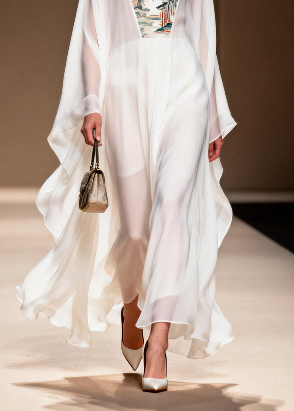 Landscape Embroidery Border Deep V-Neck Cape Sleeve Kaftan Maxi Gown