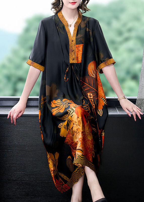Satin Botanical Print Mandarin Collar V-Neck Drawstring Waist Short Sleeve Midi Dress