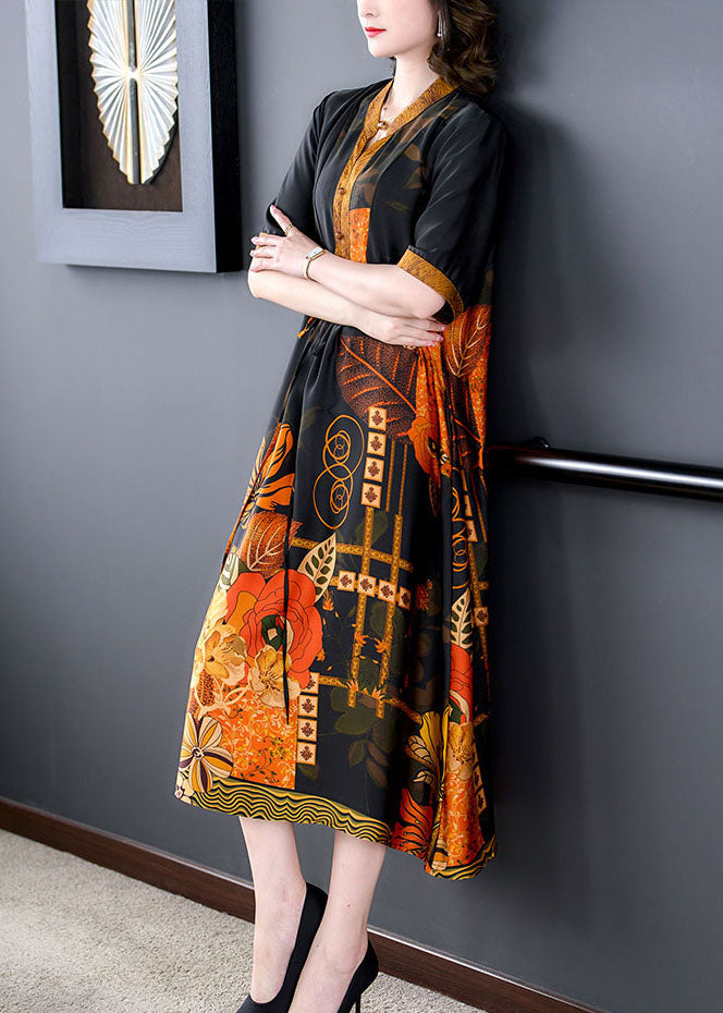 Satin Botanical Print Mandarin Collar V-Neck Drawstring Waist Short Sleeve Midi Dress