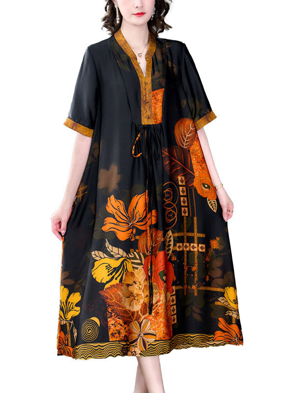 Satin Botanical Print Mandarin Collar V-Neck Drawstring Waist Short Sleeve Midi Dress