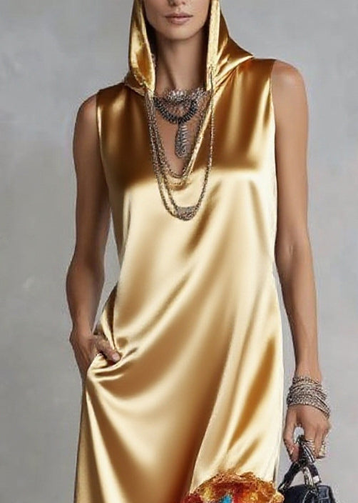 Satin Hooded Sleeveless High Low Floral Ruffle Hem Maxi Dress