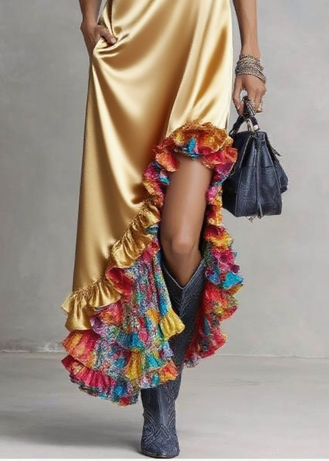 Satin Hooded Sleeveless High Low Floral Ruffle Hem Maxi Dress