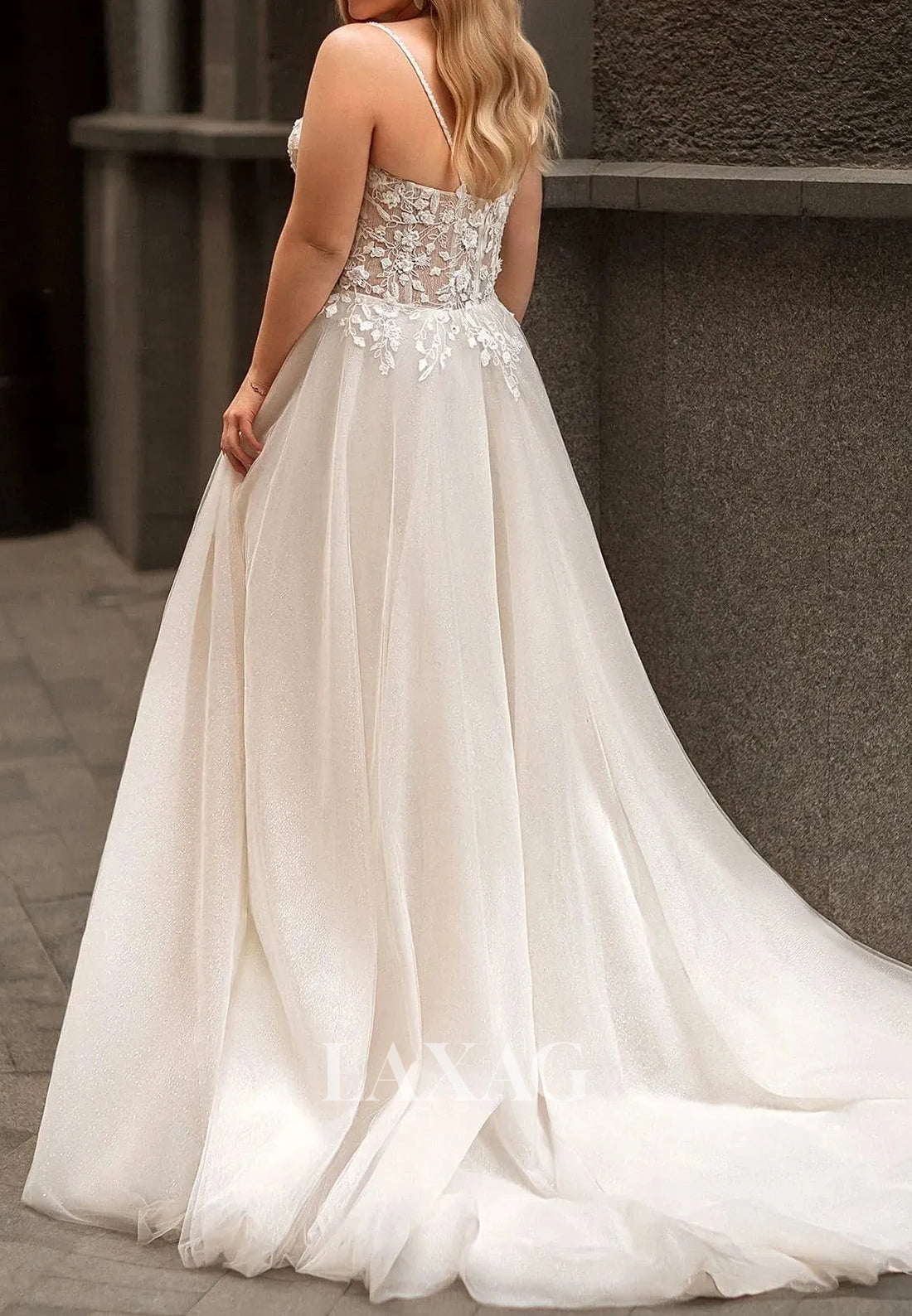 Deep V-Neck Spaghetti Straps Sleeveless Applique Glitter-Knit Pleated A-Line Wedding Dress