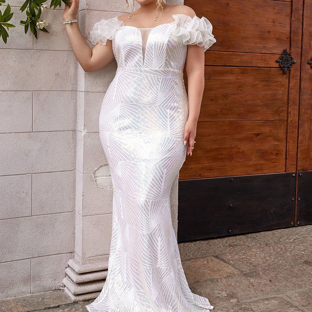 Sequin Off Shoulder Puff Sleeve Mermaid Maxi Gown