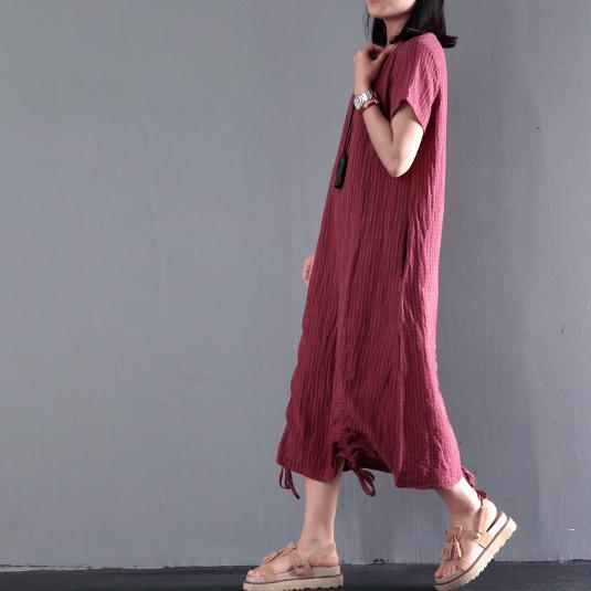 Plus size burgundy linen long sundress causal summer linen dresses drawstring at the hem