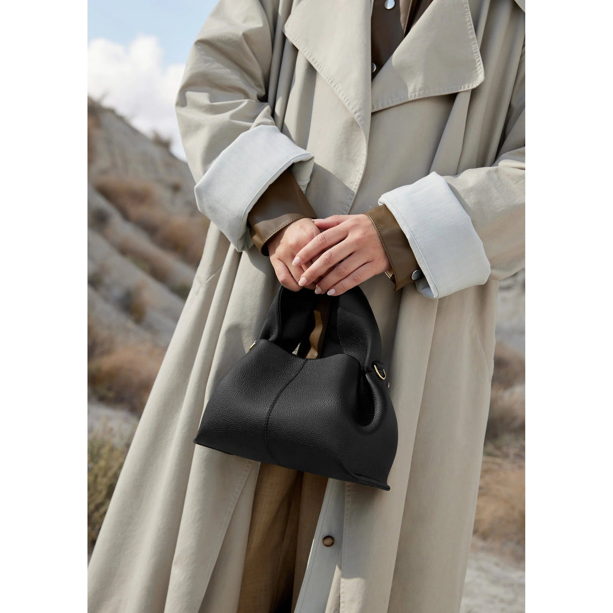 Faux Leather Ruched Top Handle Pouch Bag
