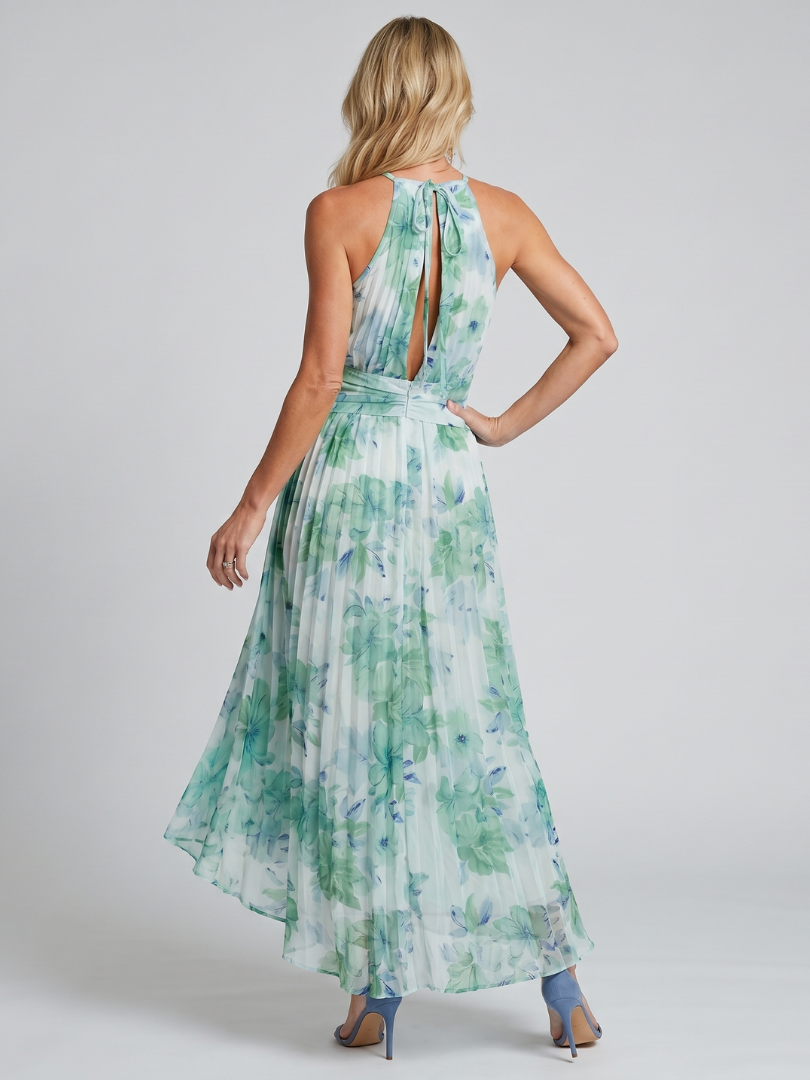 Floral Print Halter Neck Keyhole Pleated Maxi Dress