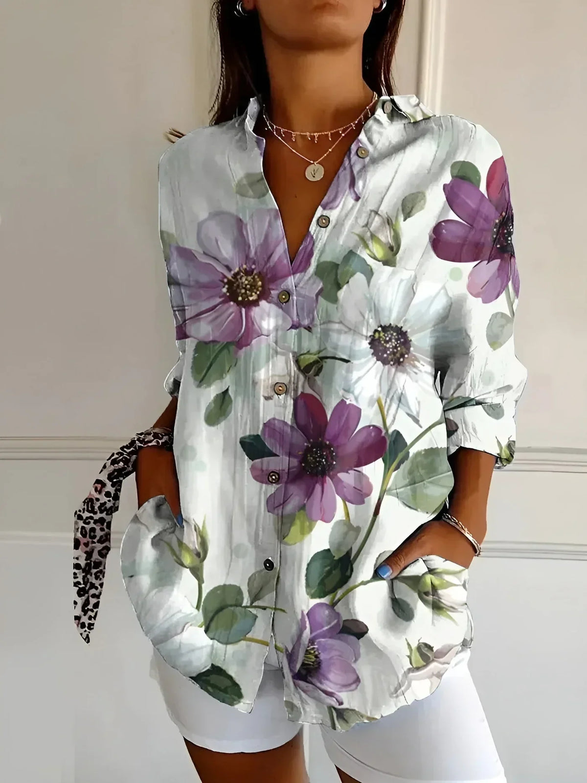 Floral Patchwork Print Collared Long Sleeve Shirt