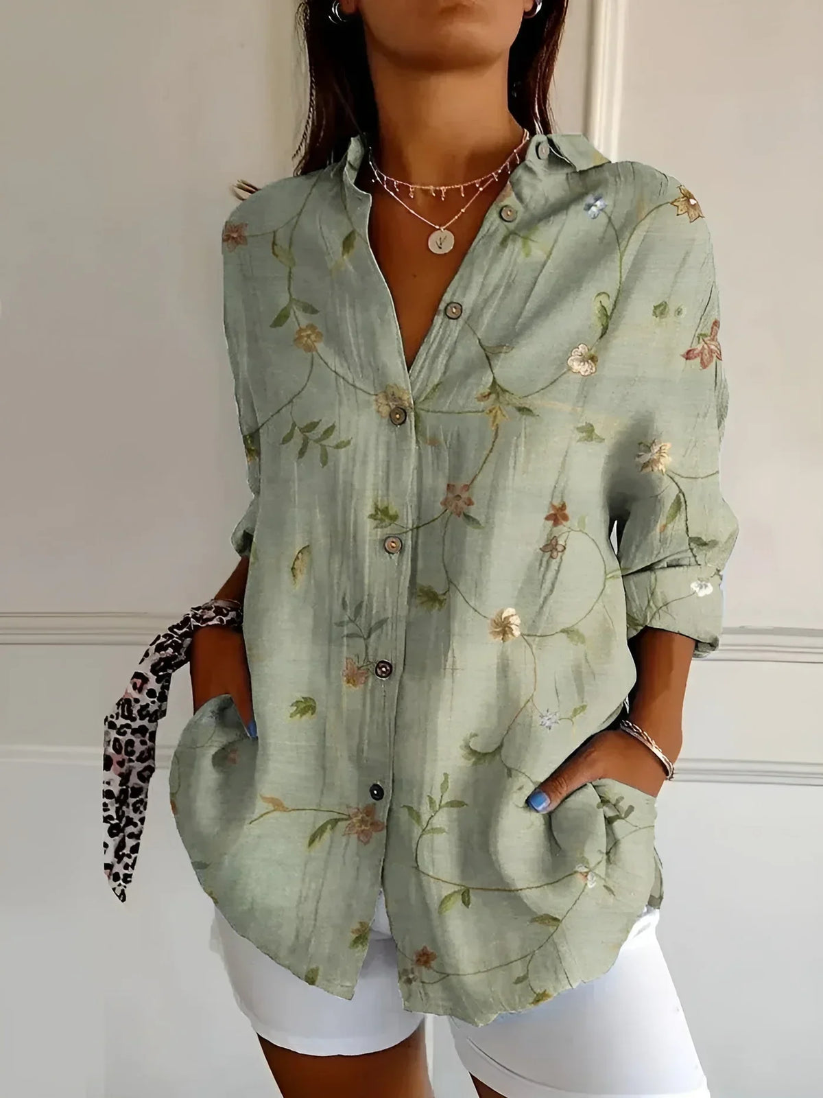 Floral Patchwork Print Collared Long Sleeve Shirt