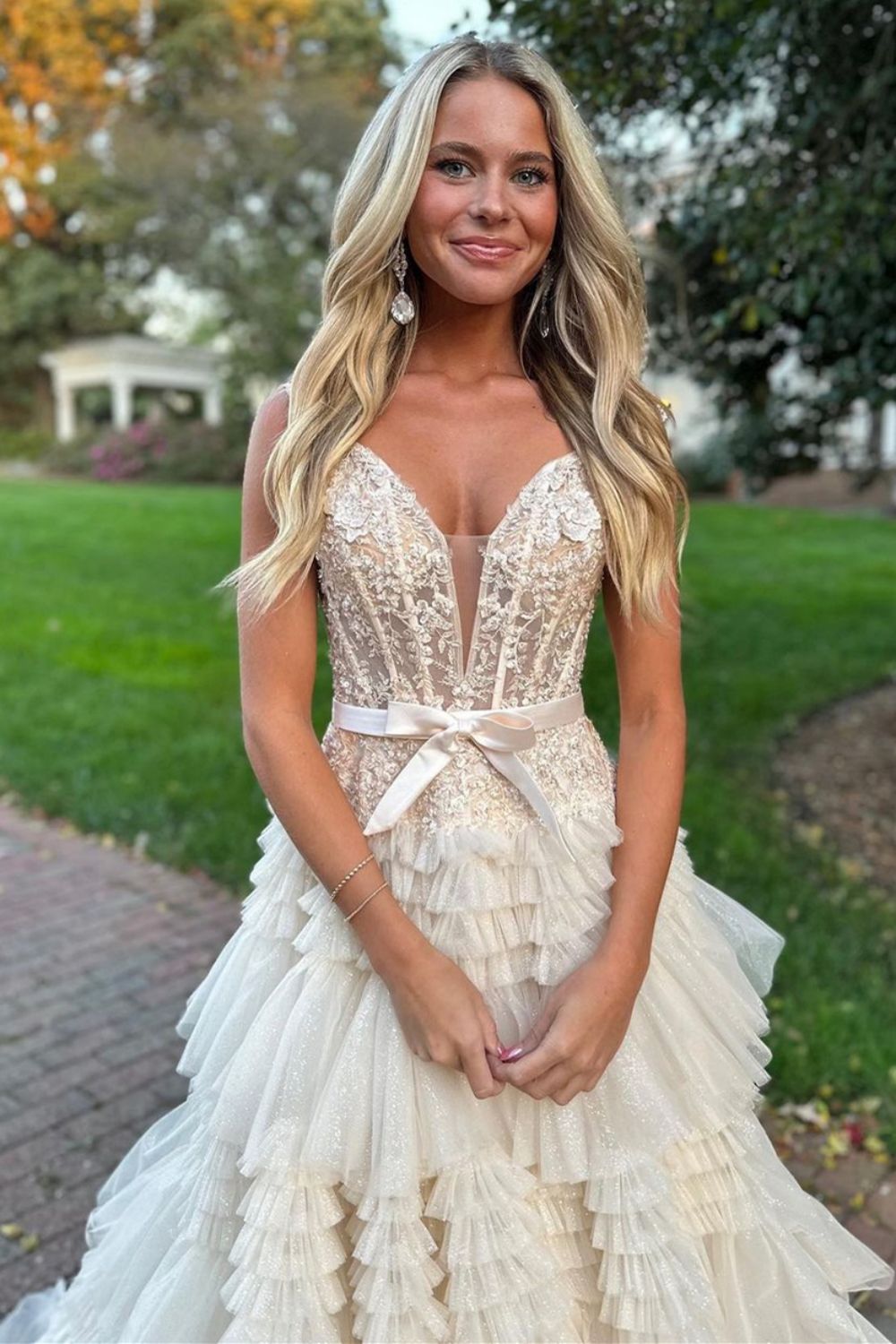Champagne A-Line Off The Shoulder Long Tulle Prom Dress With Split And Sash
